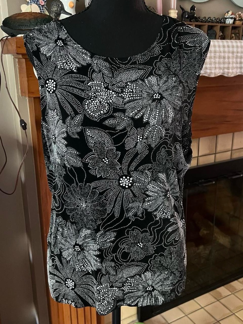 Laura Ashley Vintage Black Tank Top with White Floral Print